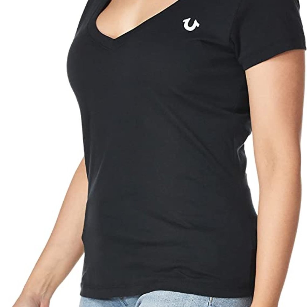 True Religion Black Short Sleeve Logo Short Sleeve Rounded V Neck Tee Medium